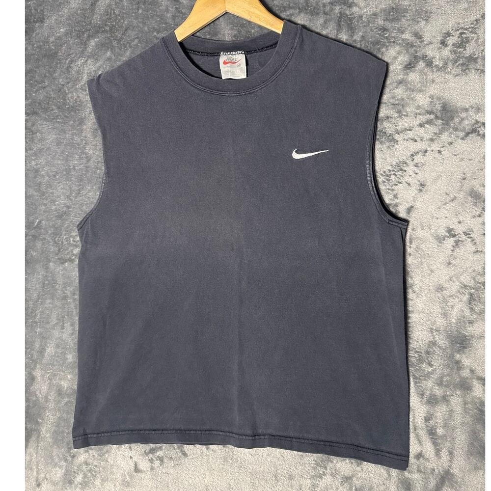 VTG 90s Nike Muscle Tee White Tag Made In USA Faded Black Size MED Mini Swoosh